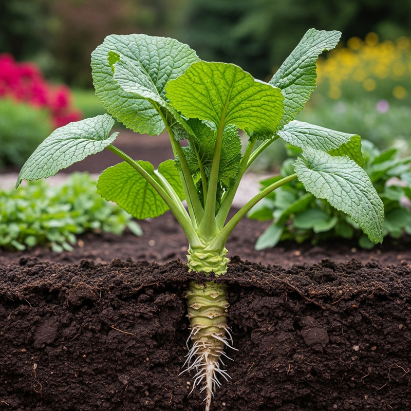 Vibrant Wasabi Plant Illustration | Green Leaves & Root in Garden