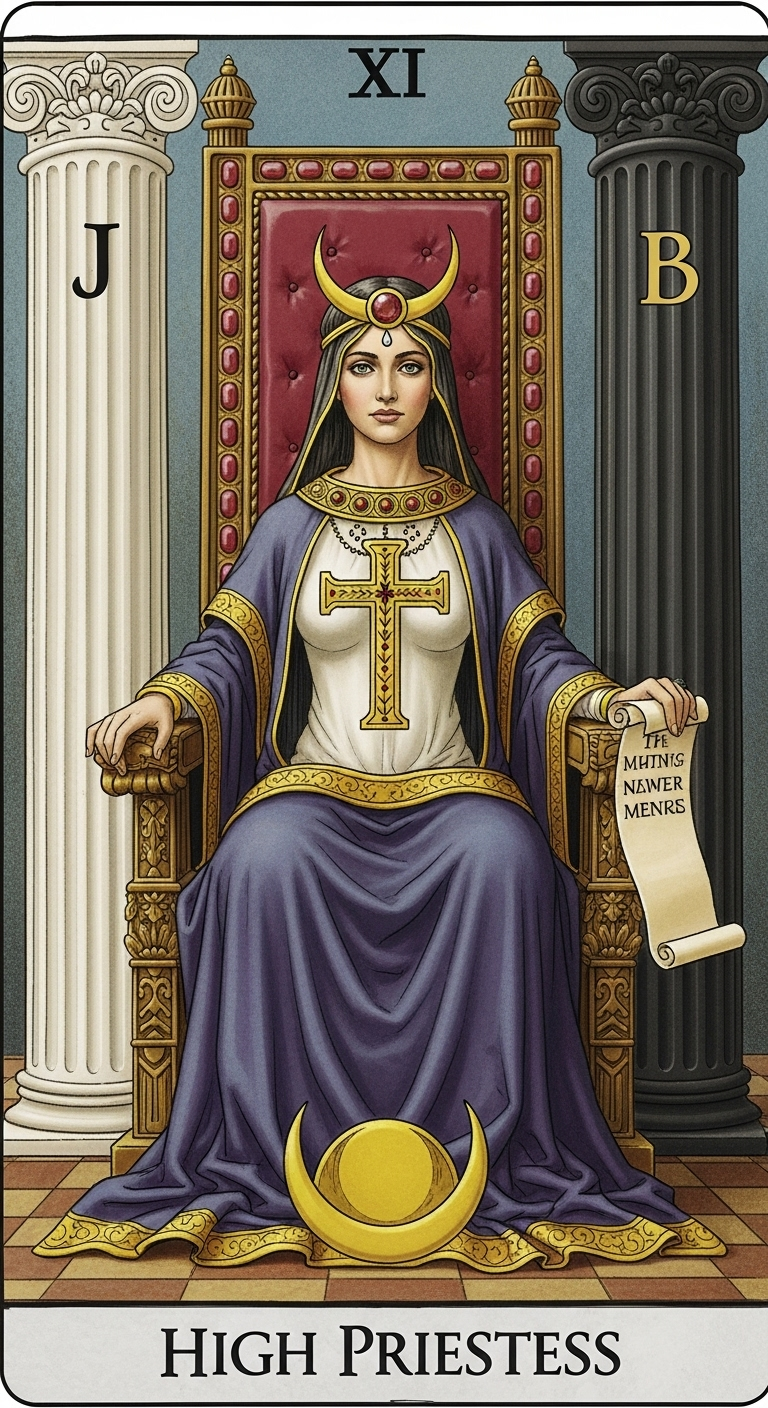 High Priestess Tarot Card - Postured Woman on Chair with Ruby Pattern
