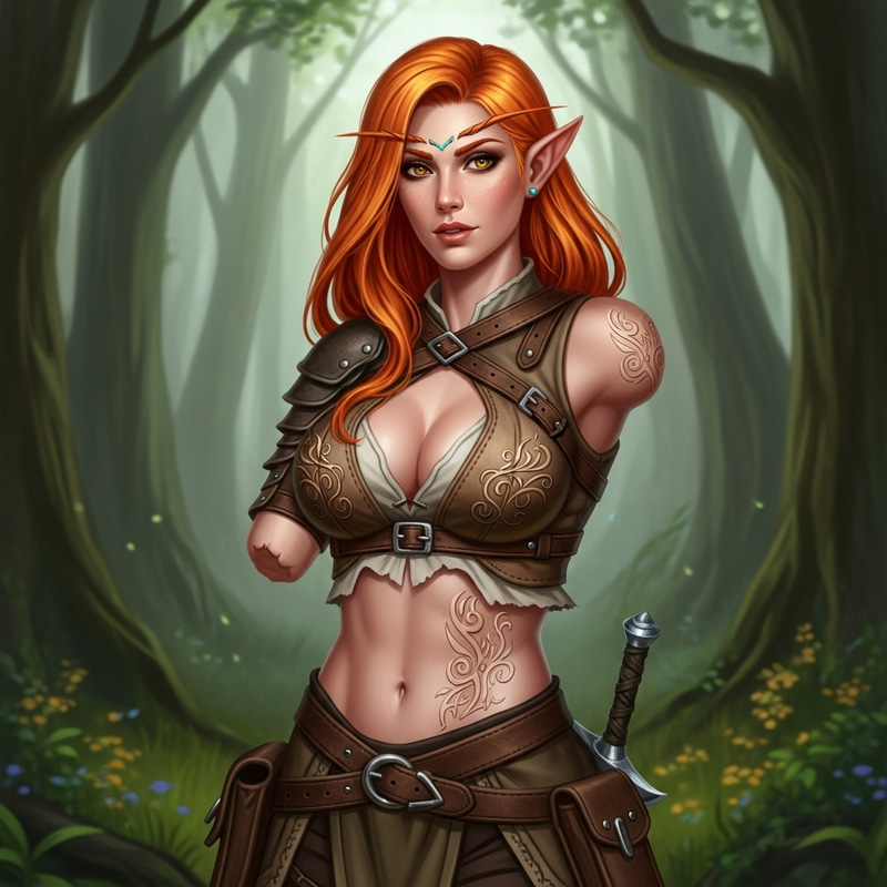 Stunning Elf Woman with Striking Orange Hair and One Arm in Forest Scene