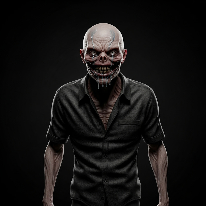 Primal Terror: Hyperrealistic Monstrous Entity with Lifeless Eyes and Wide Grin Primal Terror: Hyperrealistic Monstrous Entity with Lifeless Eyes and Wide Grin