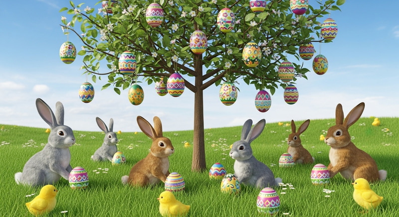 Enchanting Easter Tree with Colorful Eggs, Rabbits, & Chicks in a Lush Meadow Enchanting Easter Tree with Colorful Eggs, Rabbits, & Chicks in a Lush Meadow