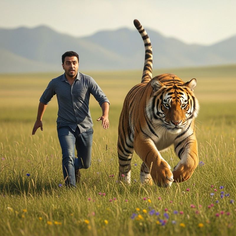 Man Escaping Tiger in Wild Natural Landscape Man Escaping Tiger in Wild Natural Landscape
