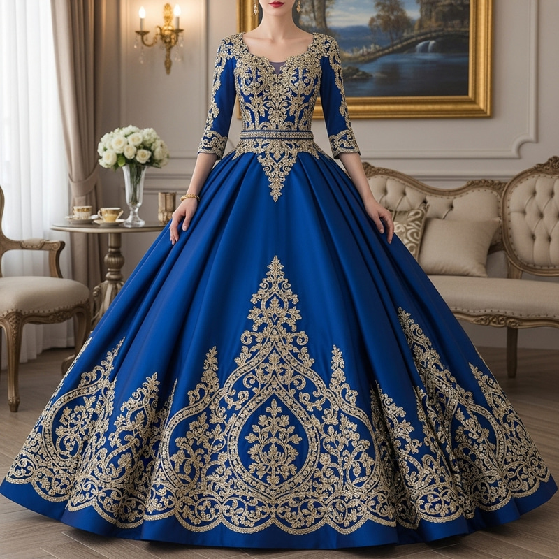 Elegant Blue and Gold Ball Gown for Grand Events Elegant Blue and Gold Ball Gown for Grand Events