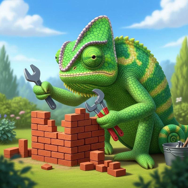 Green Chameleon Building a Brick Structure | Serene Garden Scene Green Chameleon Building a Brick Structure | Serene Garden Scene
