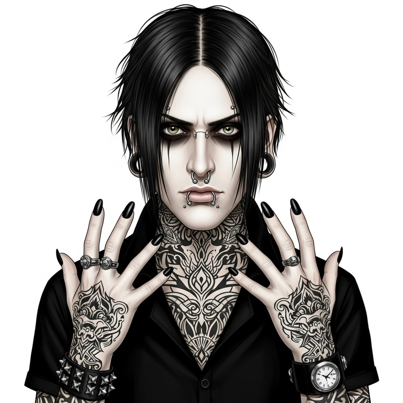 Gothic Bad Boy with Face Piercings, Tattoos, and Smokey Eyes