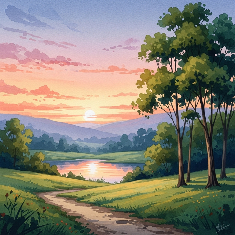 Serene Watercolor Landscape: Vibrant Sunset Reflections Serene Watercolor Landscape: Vibrant Sunset Reflections