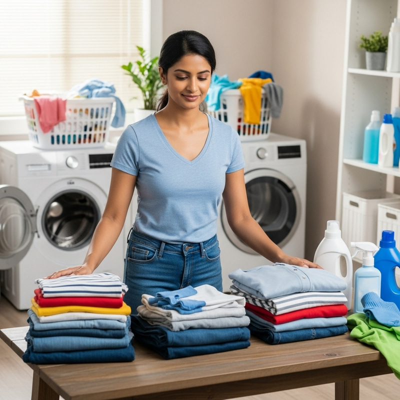 Joyful South Asian Mother Doing Laundry: Simple Domestic Happiness
