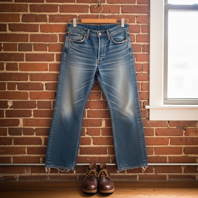 Aesthetic Blue Denim Jeans on Wooden Hanger