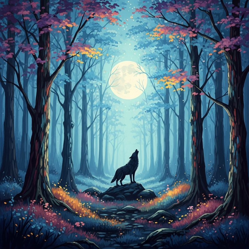 Mystical Moonlit Forest: Lone Wolf Howling in Vibrant Colors