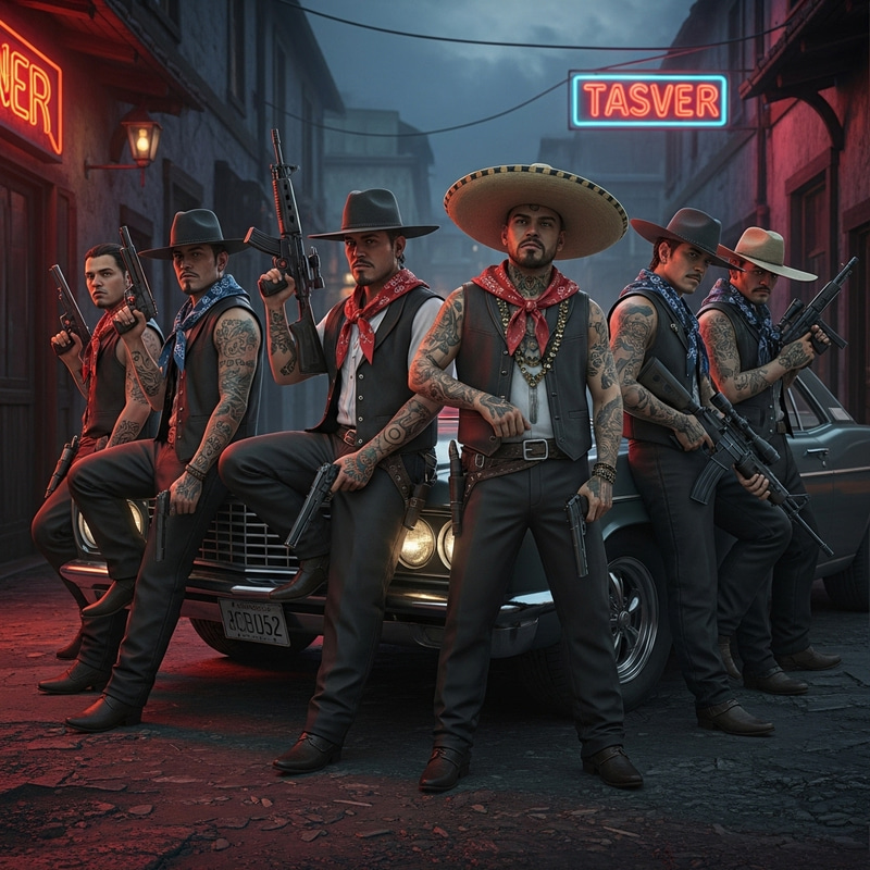 Mexican Gangsters with Flamboyant Weapons in Neon-Lit Alley