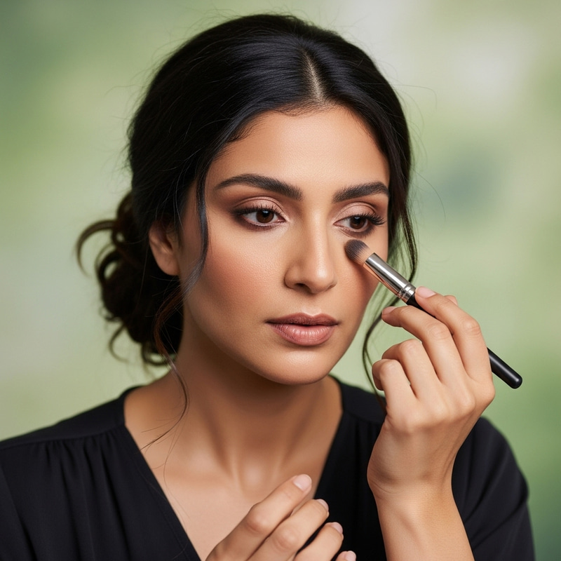 Beautiful Woman Applying Makeup on Soft Green Background Beautiful Woman Applying Makeup on Soft Green Background