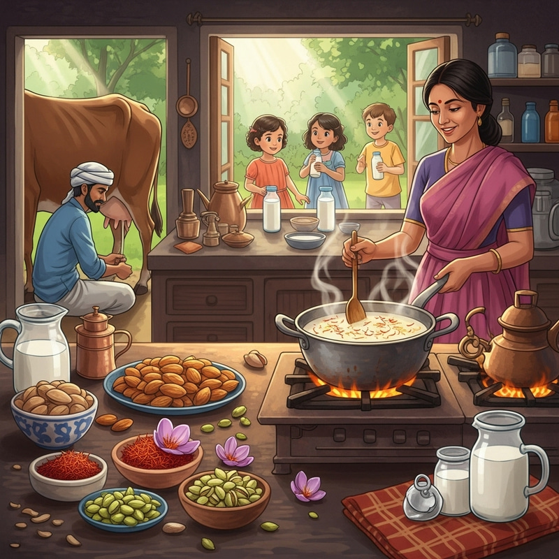 Traditional Indian Kitchen with Vibrant Colors and Happy Kids Traditional Indian Kitchen with Vibrant Colors and Happy Kids