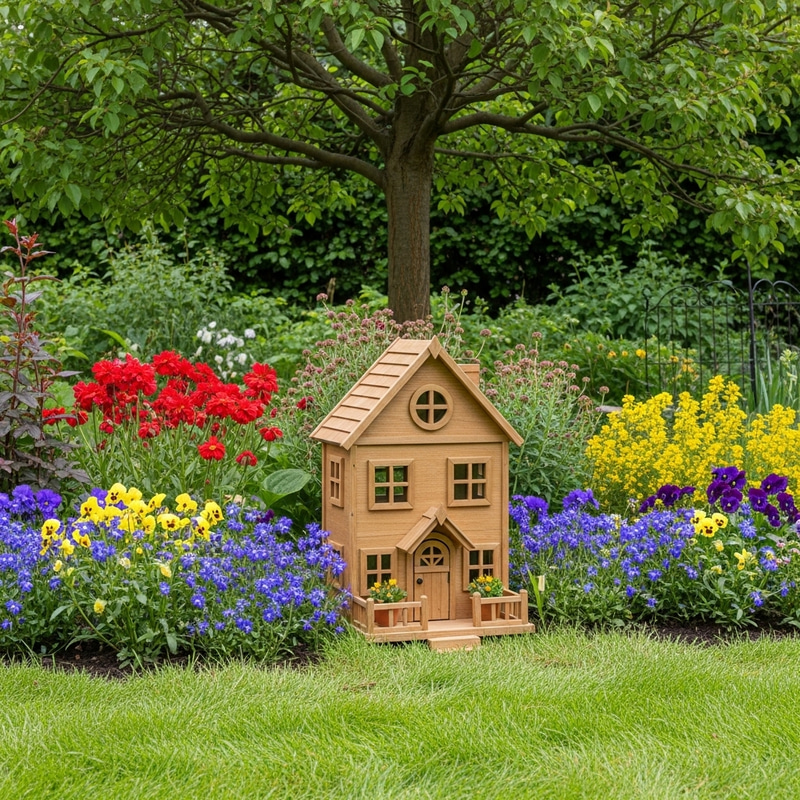 Charming Mini House Surrounded by Flowers and Trees