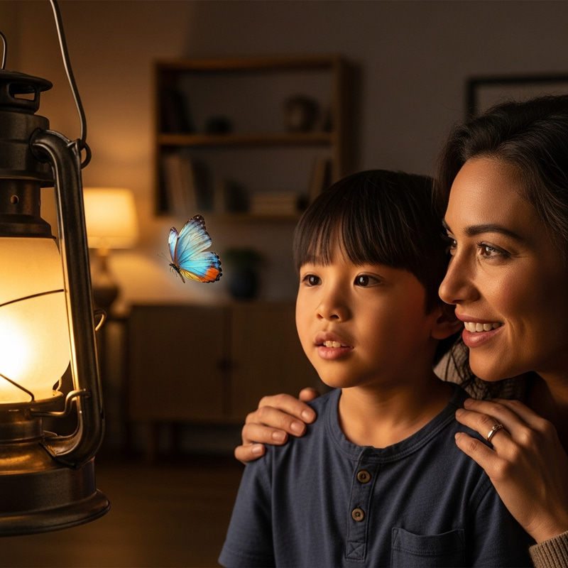 Beautiful Butterfly Flying to Lamp, while Mother and Son Watch Beautiful Butterfly Flying to Lamp, while Mother and Son Watch