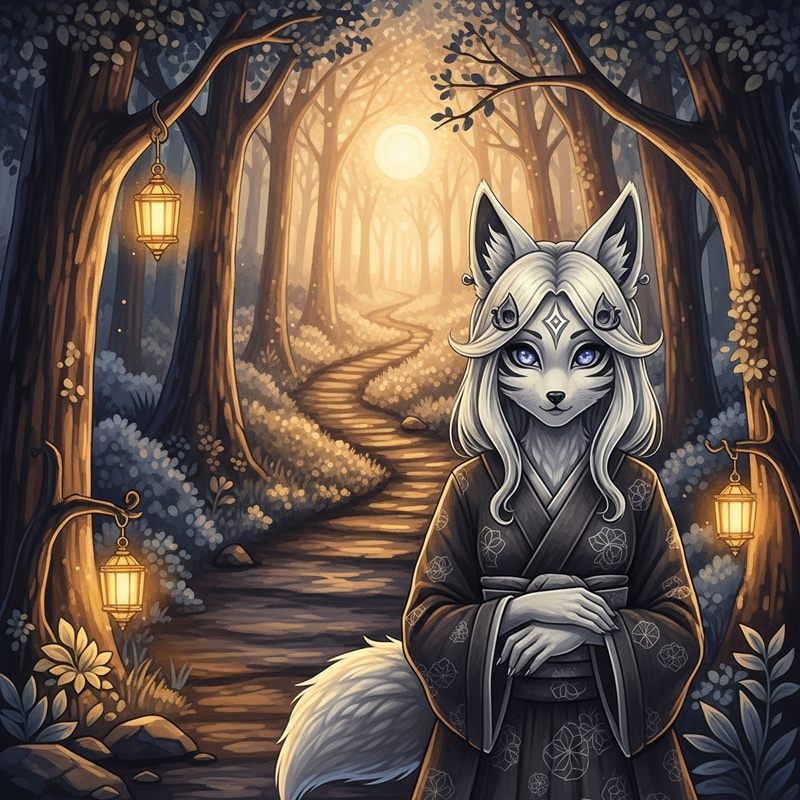 Mystical Forest Pathway Art: Enchanting Kitsune Mystical Forest Pathway Art: Enchanting Kitsune
