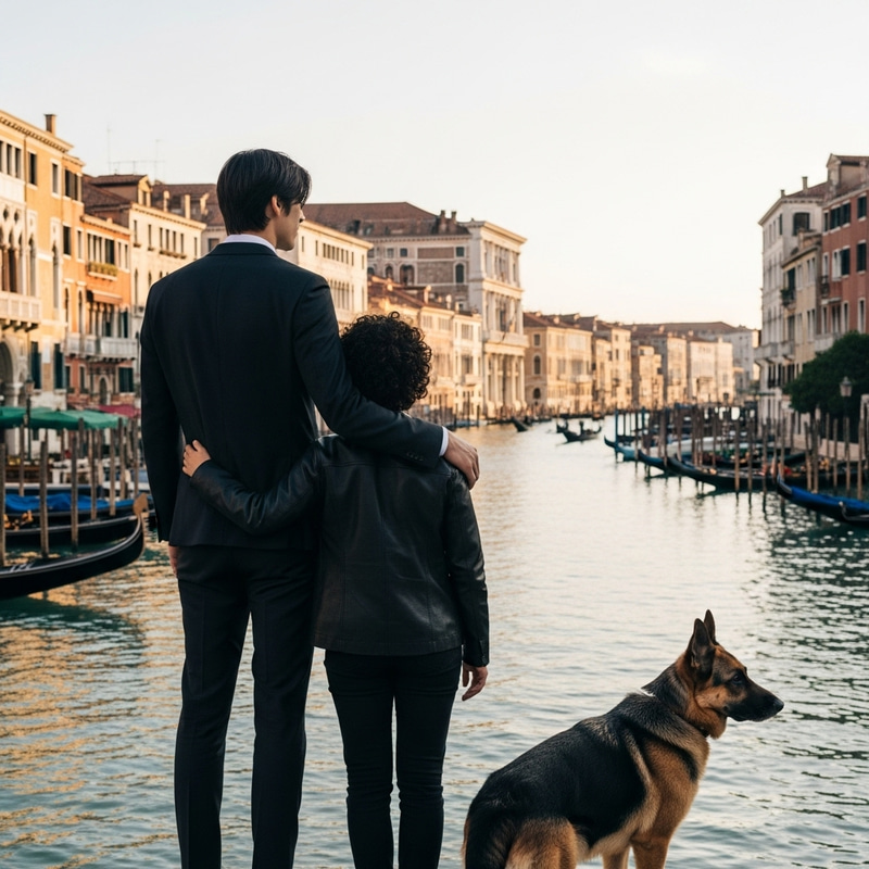 Tall Man, Woman, and German Shepherd in Venice City Views Tall Man, Woman, and German Shepherd in Venice City Views