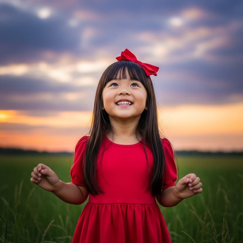 Happy Girl in Red Dress under Blue Sky Happy Girl in Red Dress under Blue Sky