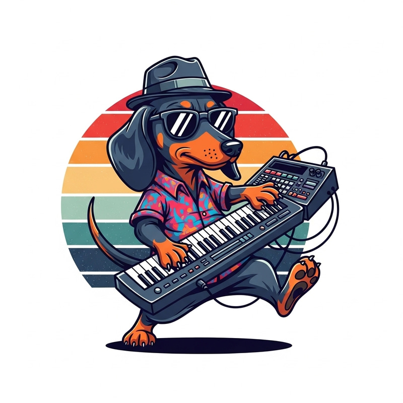 Cartoon Dachshund Musician: Vintage Sunset Keyboard Art Cartoon Dachshund Musician: Vintage Sunset Keyboard Art