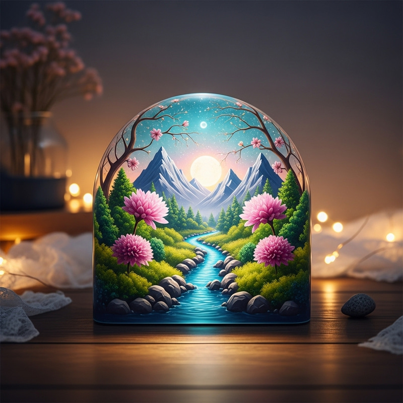 Enchanting Glass Artwork with Miniature Mountain Scene Enchanting Glass Artwork with Miniature Mountain Scene