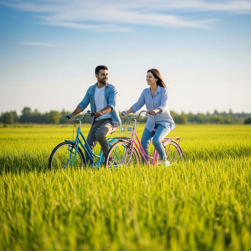 Husband and Wife Enjoy Leisurely Bike Ride in Lush Paddy Field Husband and Wife Enjoy Leisurely Bike Ride in Lush Paddy Field