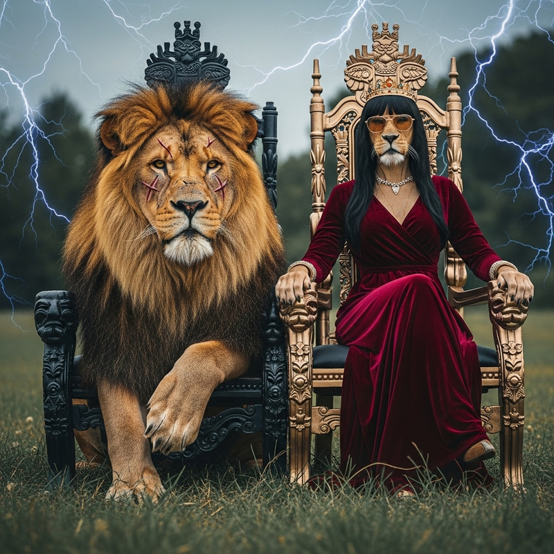 Majestic Lioness & Alpha Lion in Rose Red Velvet Dress