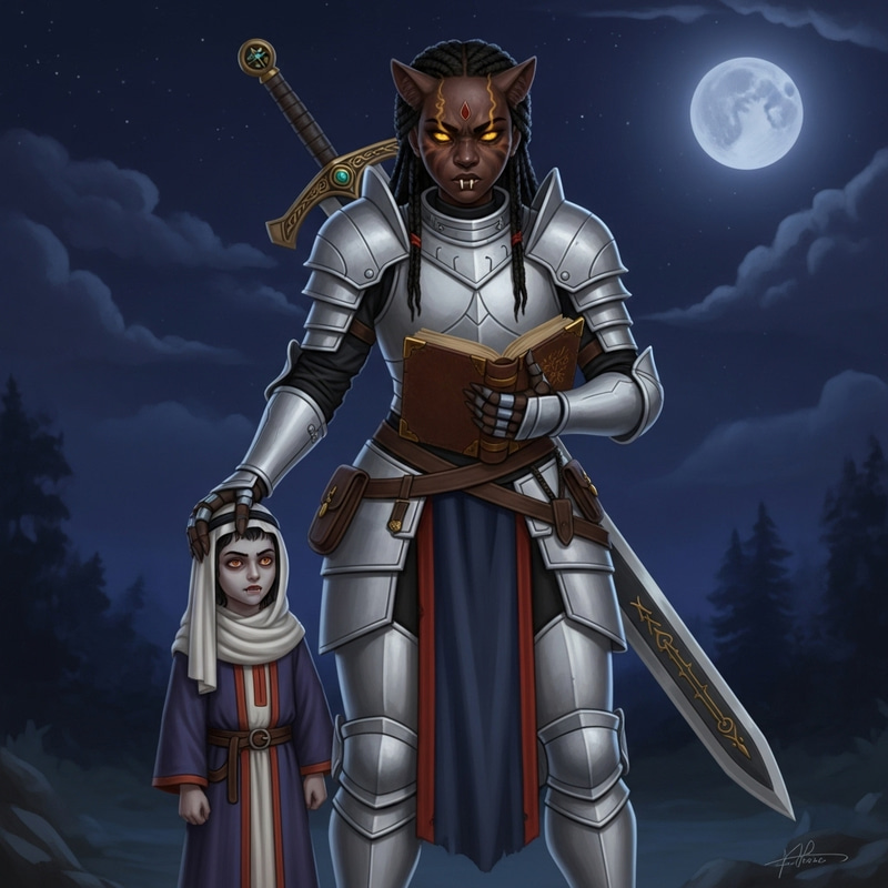 Teenage White Warrior Girl with Yellow Cat Eyes and Vampire Child Teenage White Warrior Girl with Yellow Cat Eyes and Vampire Child