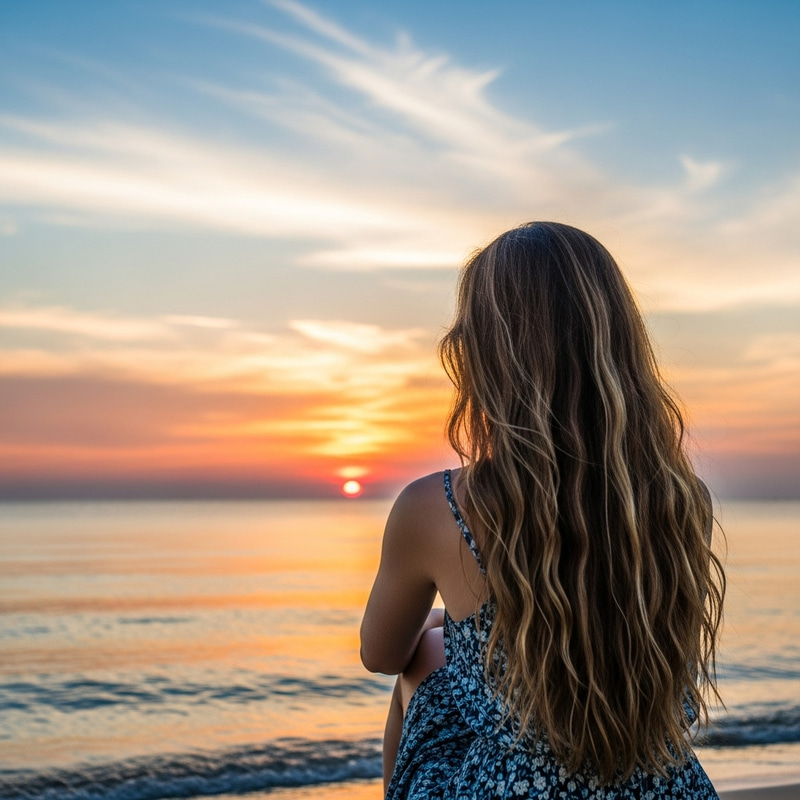 Beautiful Girl Admiring Sunset on Sandy Beach Beautiful Girl Admiring Sunset on Sandy Beach