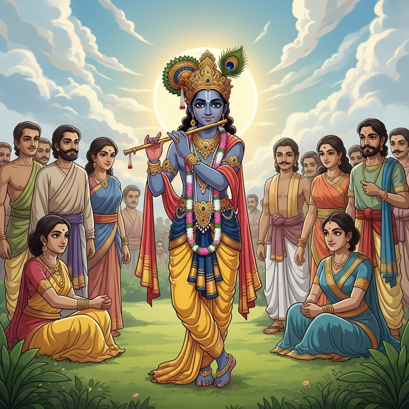 Krishna with Bhakts: Traditional Male Figure with Diverse Followers in Lush Landscape