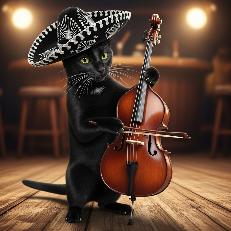 Black Cat Mariachi Double Bass Player - Musician Feline in a Mariachi Hat Black Cat Mariachi Double Bass Player - Musician Feline in a Mariachi Hat