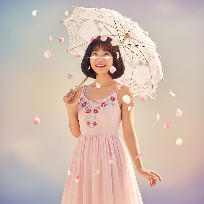 Charming East Asian Woman with Parasol | Serene and Elegant Scene