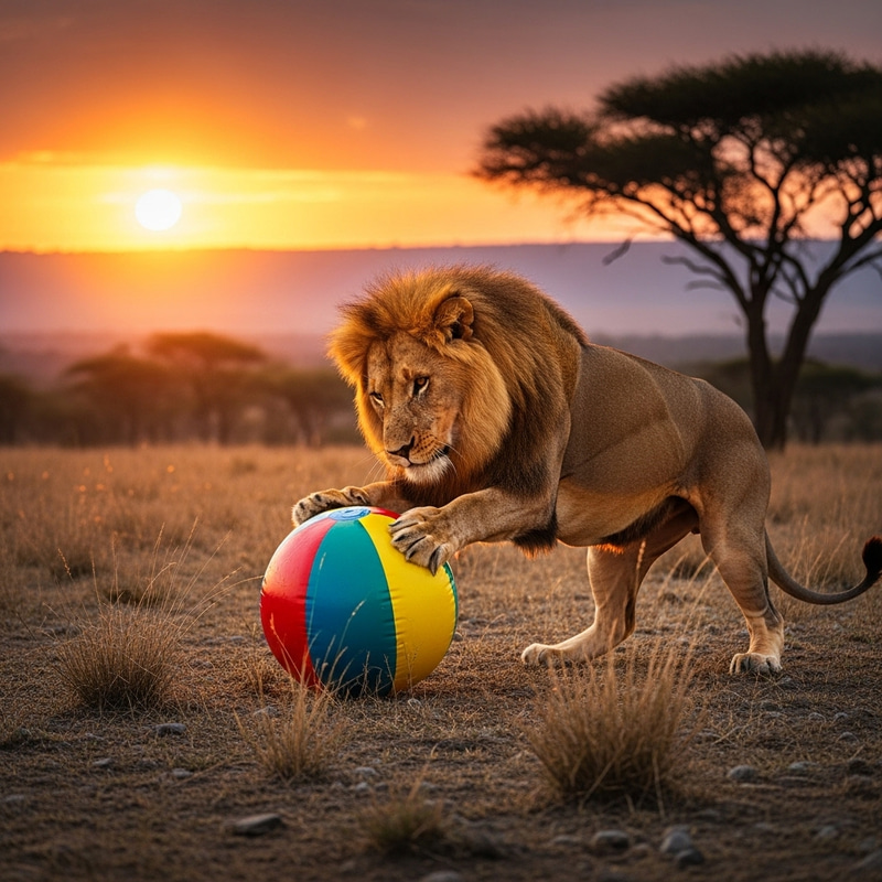 Majestic Lion Playing with Beach Ball in Savanna
