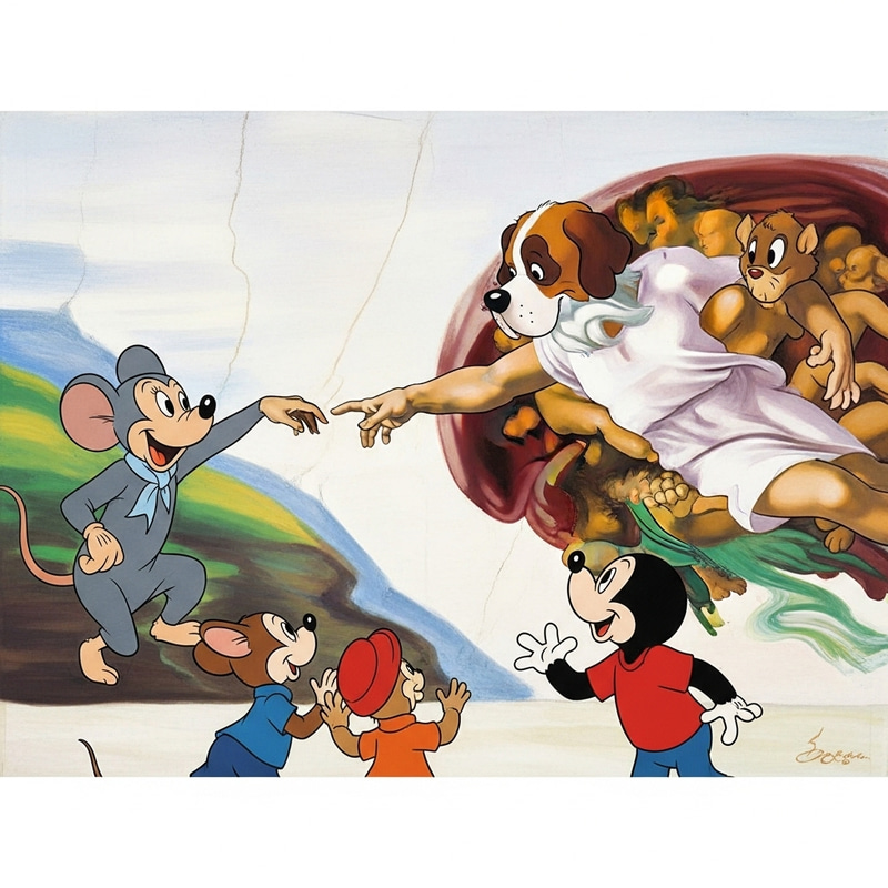 Playful Cartoon Characters Recreating Sistine Chapel's God and Adam Playful Cartoon Characters Recreating Sistine Chapel's God and Adam