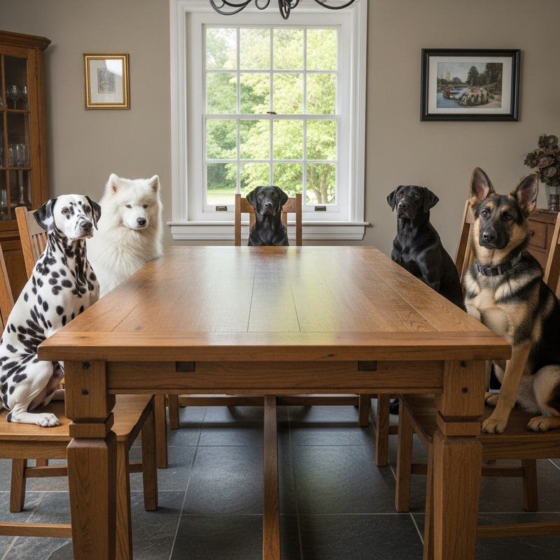 Cozy Wooden Dining Table with Diverse Mix of Dogs Cozy Wooden Dining Table with Diverse Mix of Dogs