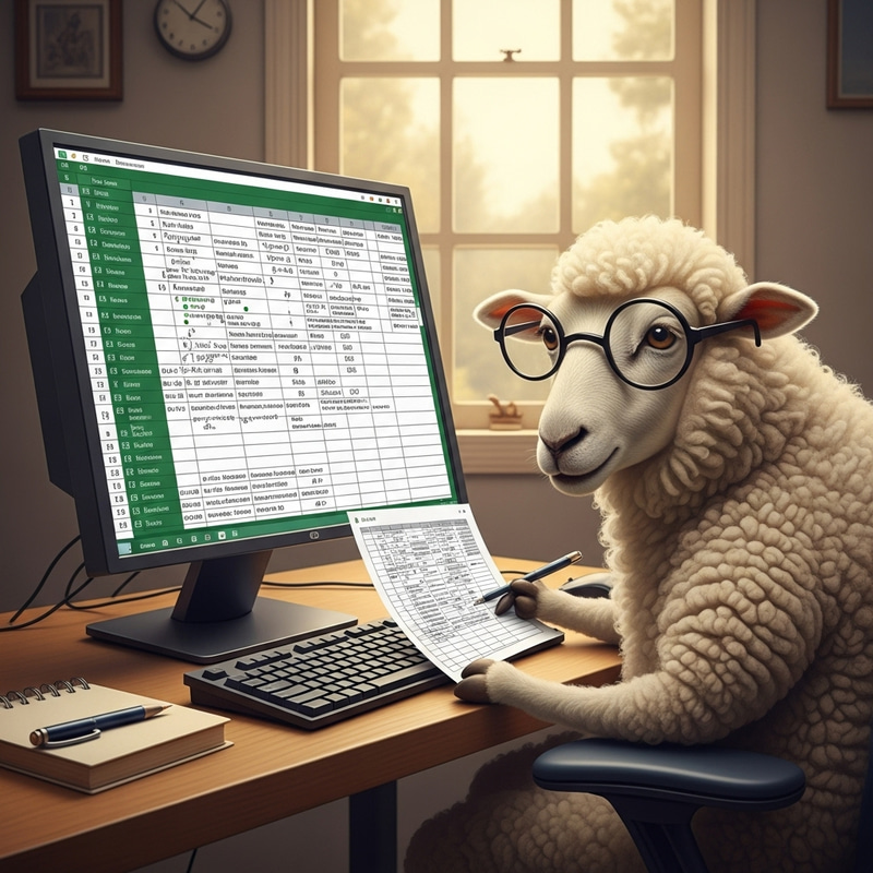 Nerdy Sheep Examining Intricate Excel Sheet | Computer Scene