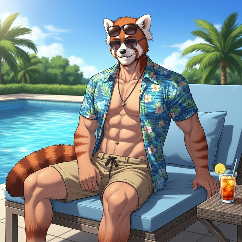 Male Red Panda Demi-Human Relaxing by Pool in Underwear Male Red Panda Demi-Human Relaxing by Pool in Underwear