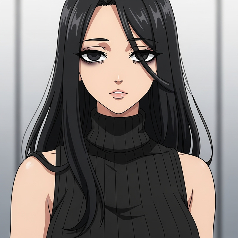 Anime Girl with Black Hair and Brown Skin in Sleeveless Turtleneck
