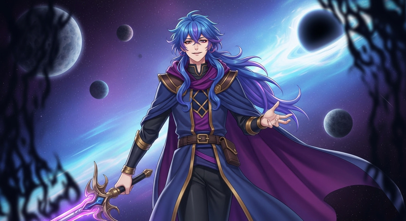 Enigmatic Blue & Purple Hair: Cosmic Anti-Hero Portrait Enigmatic Blue & Purple Hair: Cosmic Anti-Hero Portrait