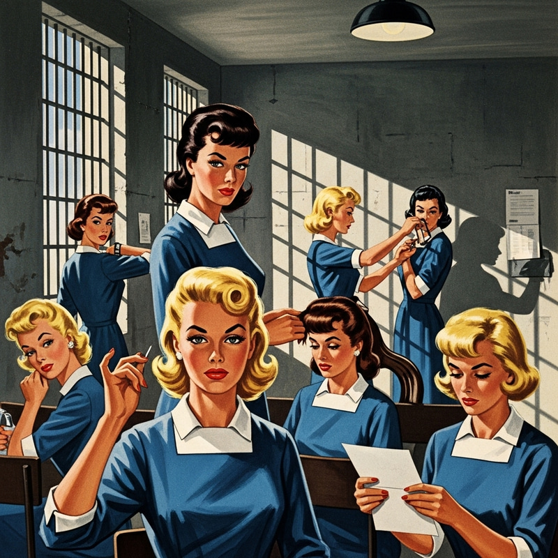 1950 Women's Prison Blonde Women in Blue Dresses 1950 Women's Prison Blonde Women in Blue Dresses