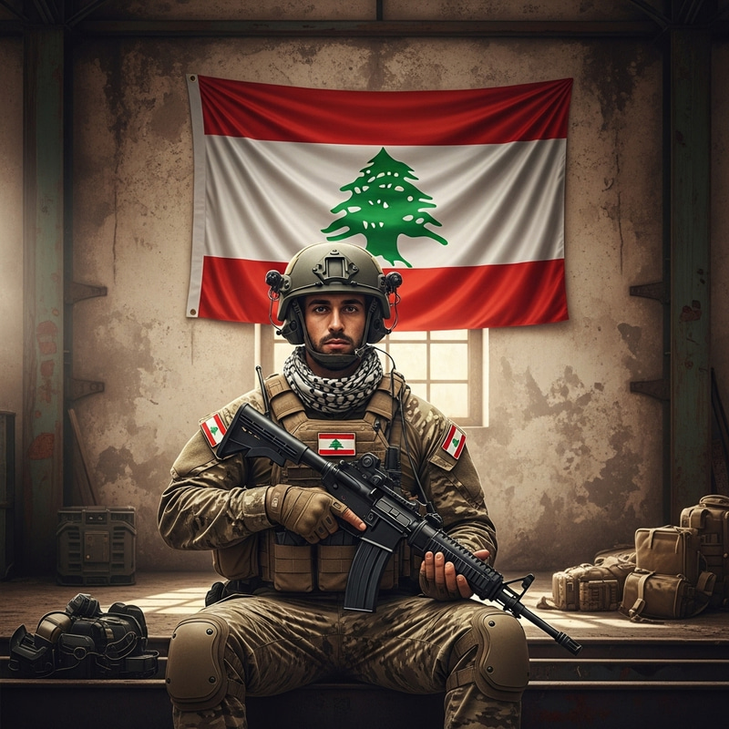 Authentic Lebanese Special Forces Soldier with AK in Old Warehouse Authentic Lebanese Special Forces Soldier with AK in Old Warehouse
