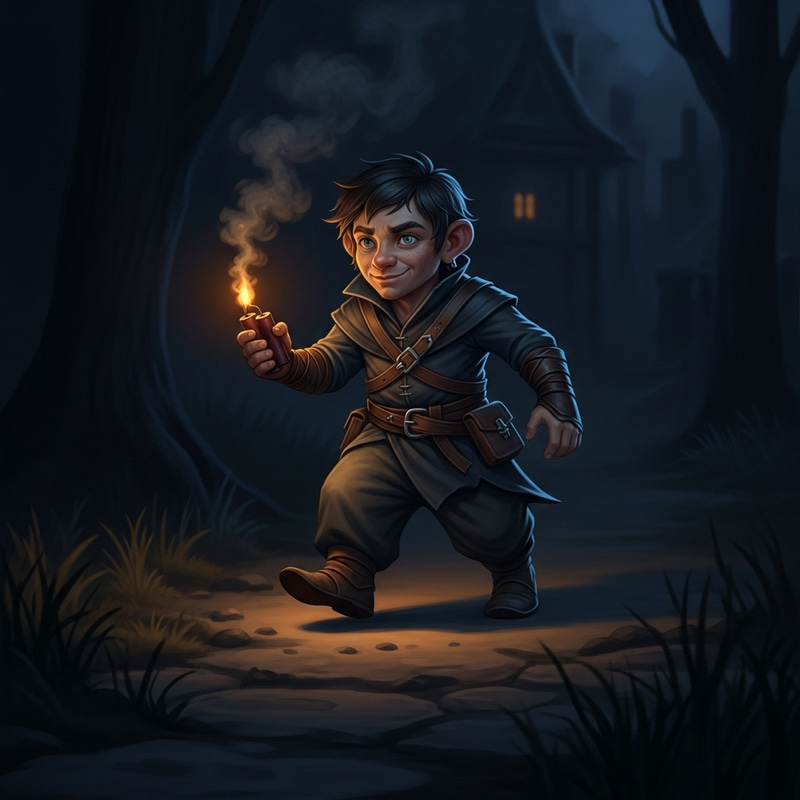 Nighttime Halfling Thief with Smoke Bomb - Stealthy Fantasy Art