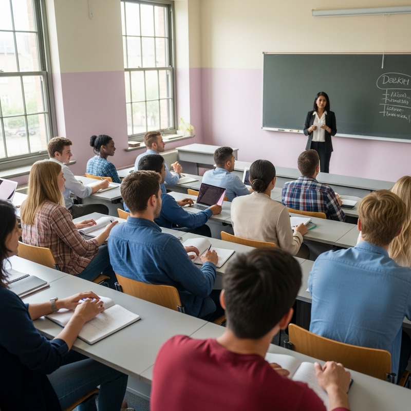 University Classroom with Diverse Engaged Students and Professors University Classroom with Diverse Engaged Students and Professors