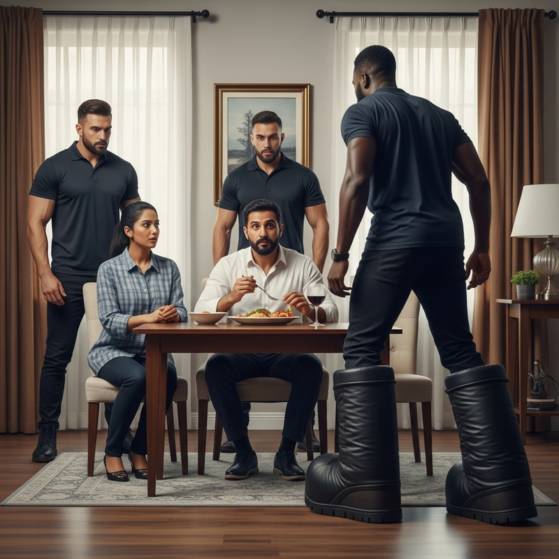 Diverse Cultural Scene: Person Enjoying Food Surrounded by Guards, Confronted by New Arrival