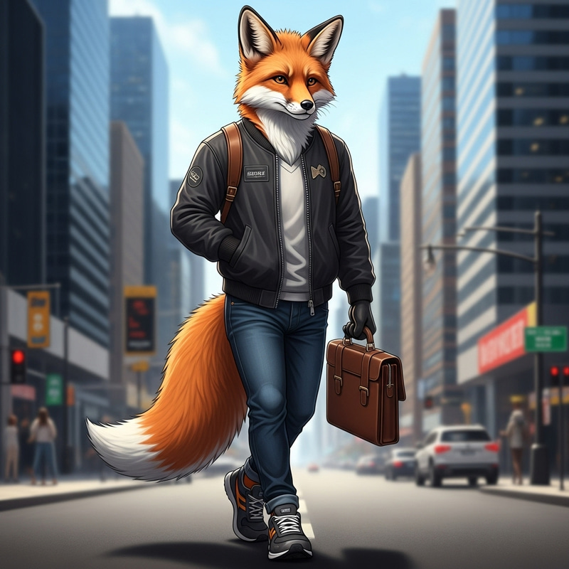 Modern Anthropomorphic Fox in City: Stylish & Trendy Look