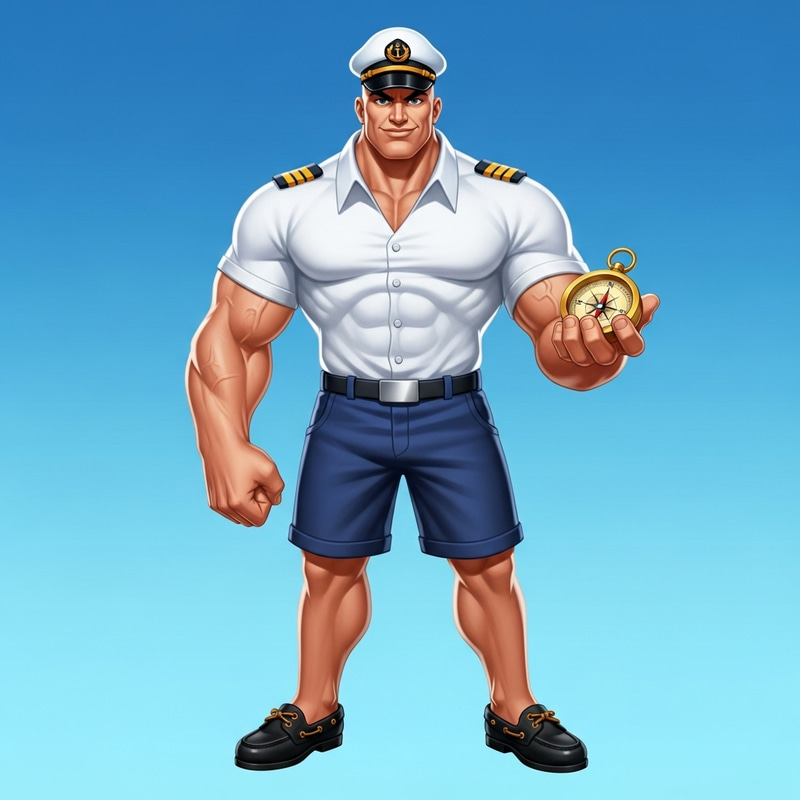 Muscular Bald Boat Captain Mascot: Strong & Inspiring Muscular Bald Boat Captain Mascot: Strong & Inspiring