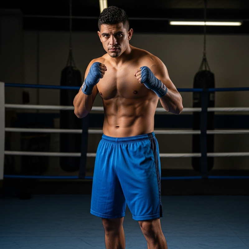 Muscular Brunette Man in Blue Shorts Full Length