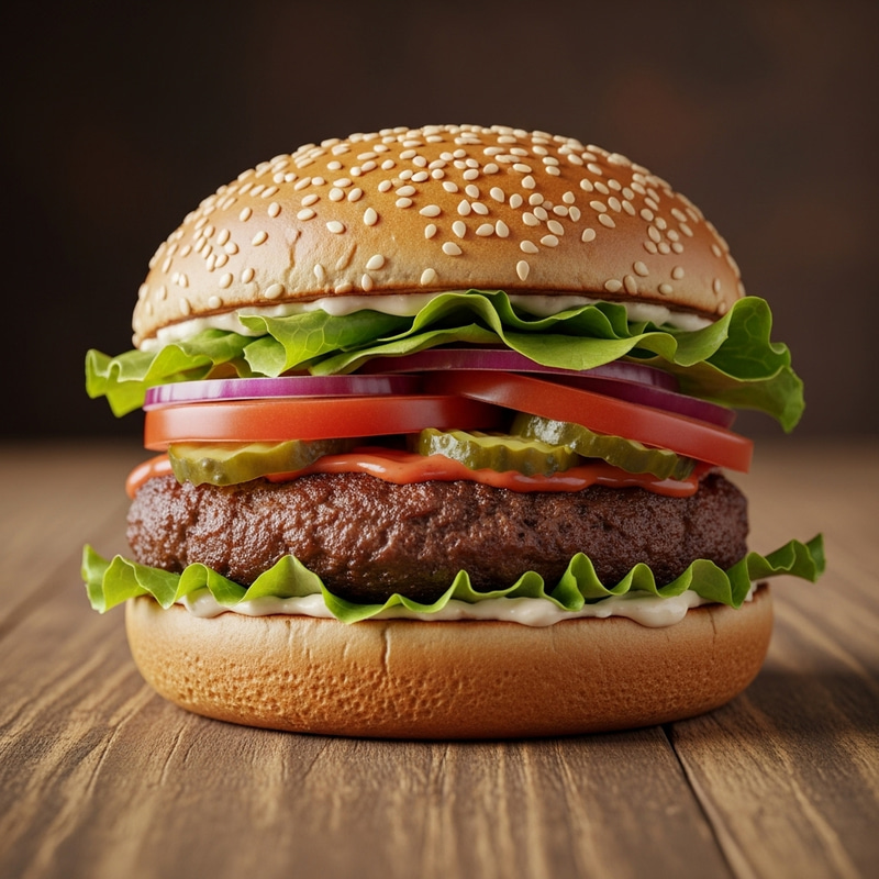 Captivating Burger on Wooden Table | Vibrant Food Photography Captivating Burger on Wooden Table | Vibrant Food Photography