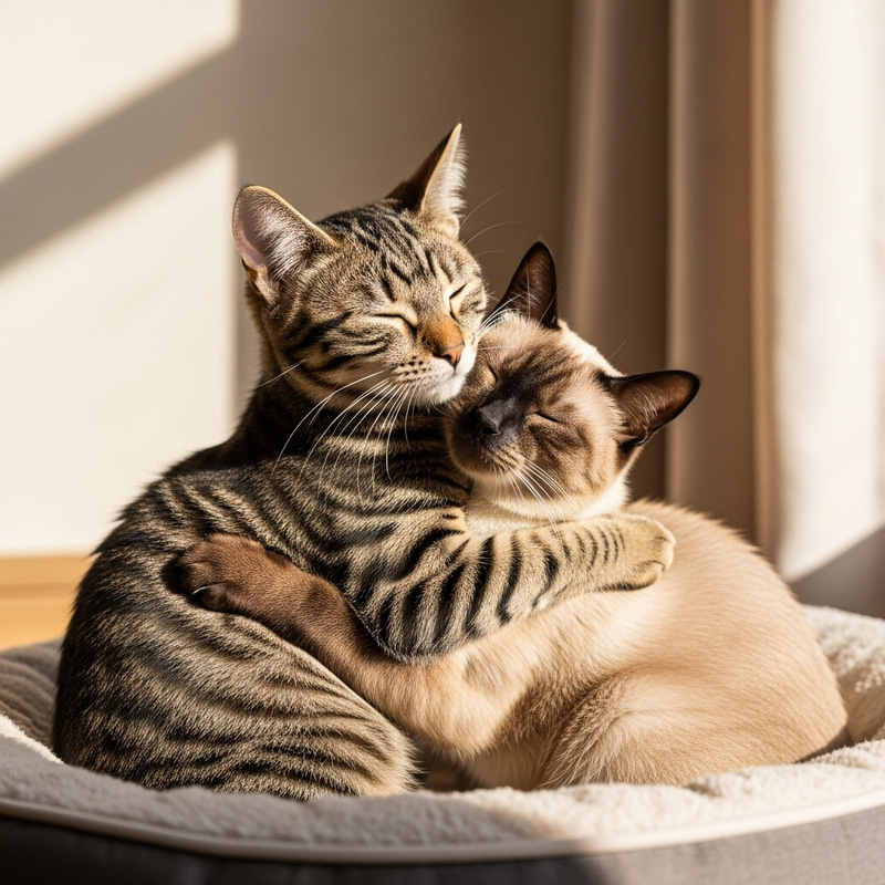 Tabby Cat and Siamese Cat in a Heartwarming Embrace Tabby Cat and Siamese Cat in a Heartwarming Embrace