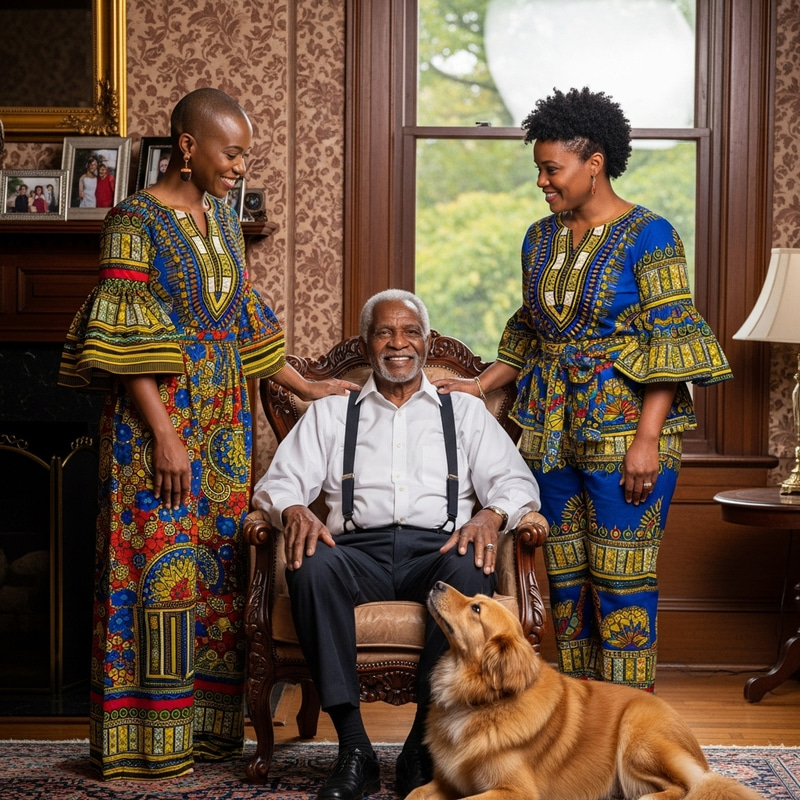 Two Black Women in Outfits with Senior Man and Dog Two Black Women in Outfits with Senior Man and Dog