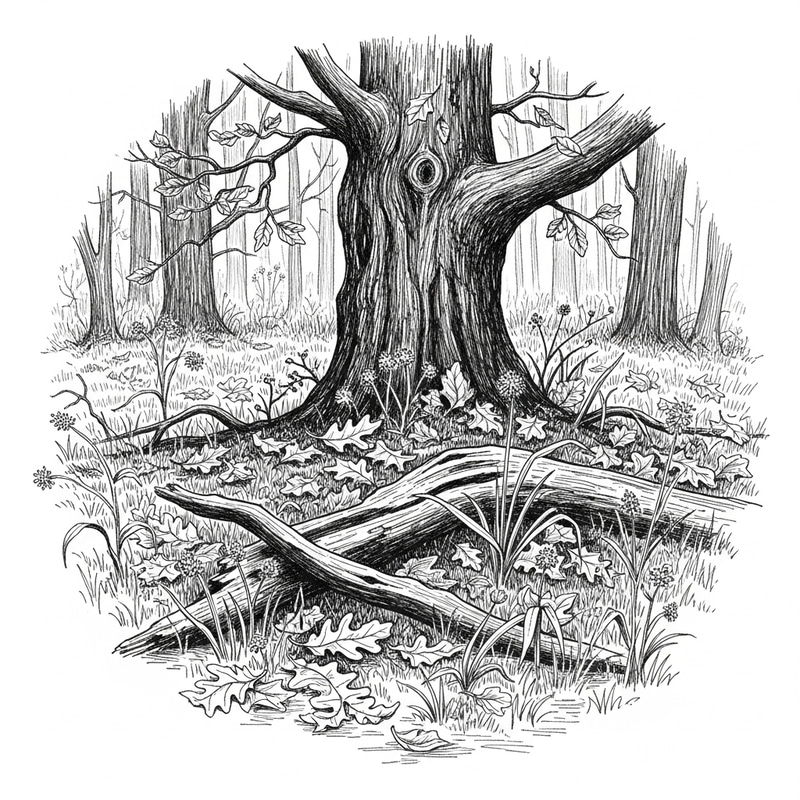 Intricate Ink Drawing of Autumn Oak Grove with Realist Influence Intricate Ink Drawing of Autumn Oak Grove with Realist Influence