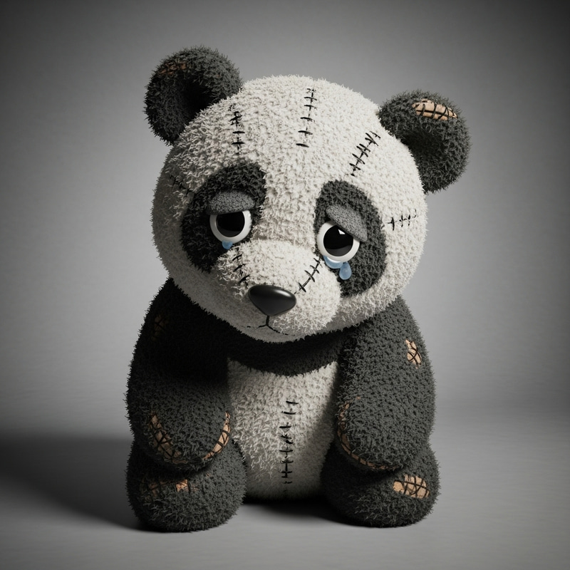 Sad Plush Panda with Uneven Look on Gray Background Sad Plush Panda with Uneven Look on Gray Background